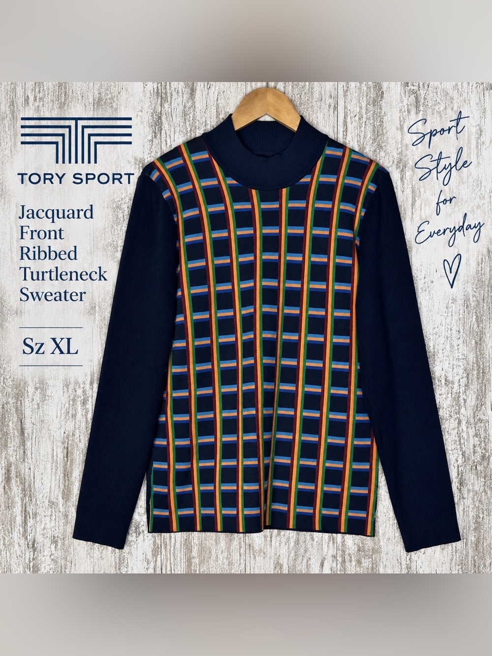 Tory Sport Jacquard Front Ribbed Turtleneck Sweater XL Navy Multicolor